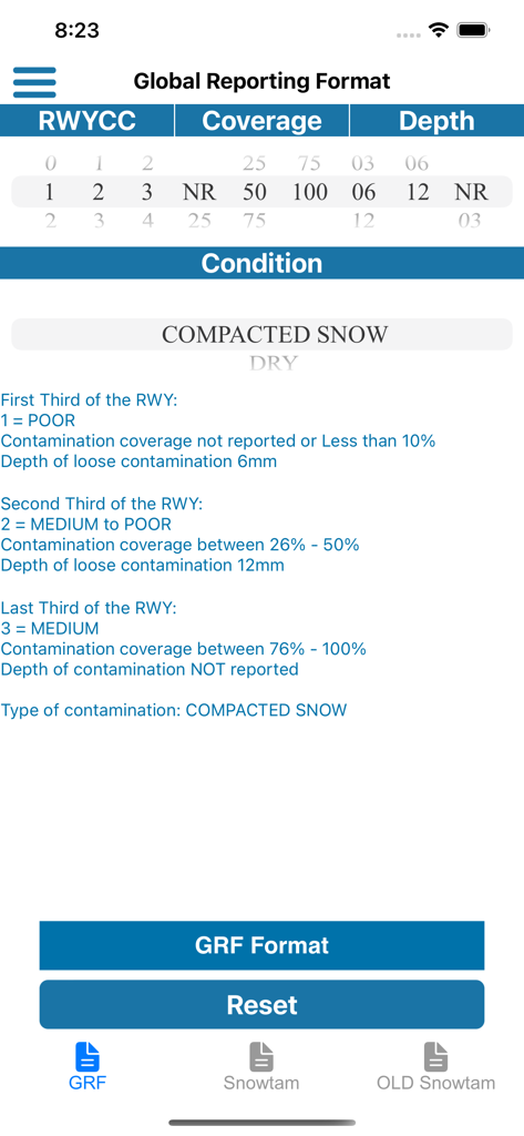 A screenshot of the 787 Handbook app showing the Global Reporting Format interface for decoding runway condition codes.