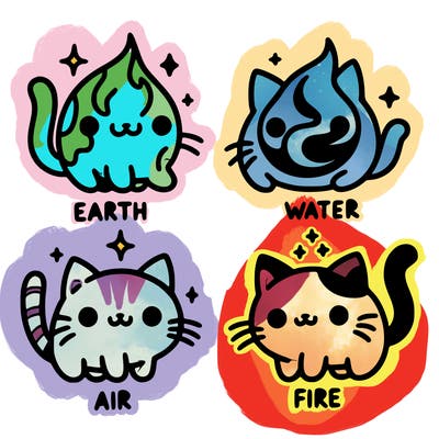 4 cats that represent the different elements, earth, water, air, and fire