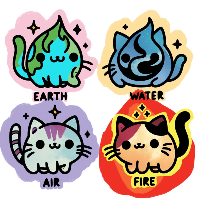 4 cats that represent the different elements, earth, water, air, and fire