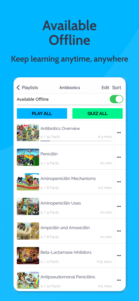 Picmonic Medical School Study - A screenshot of the Picmonic Medical School Study app showing the available offline feature and a list of antibiotic study modules.
