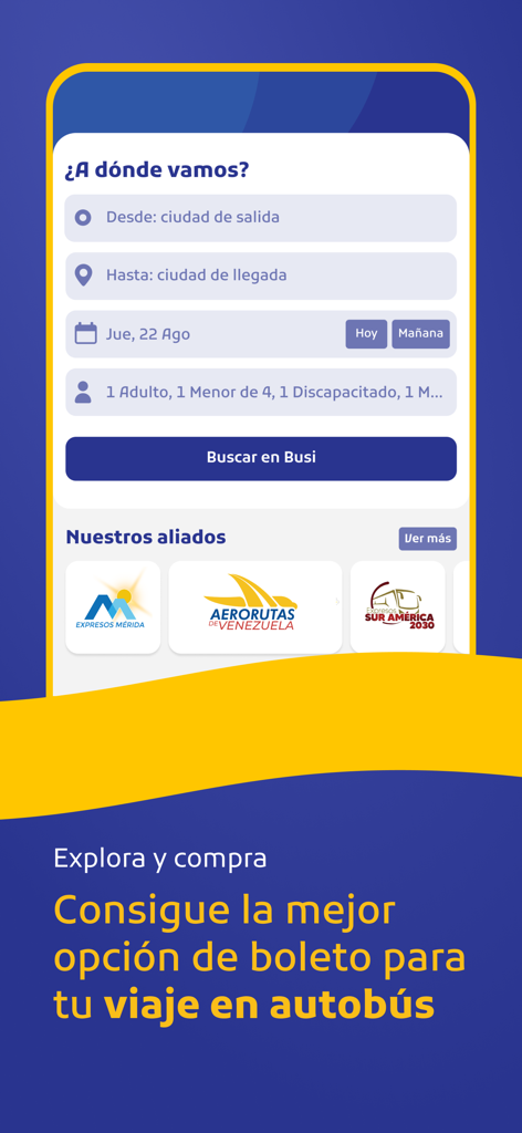 Busi Boletos - Interfaz de la aplicación móvil Busi Boletos que muestra campos para buscar boletos de autobús por ciudad de salida, ciudad de llegada y fecha