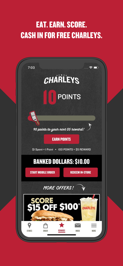 Charleys Rewards mobile app dashboard showing loyalty points balance and ordering options