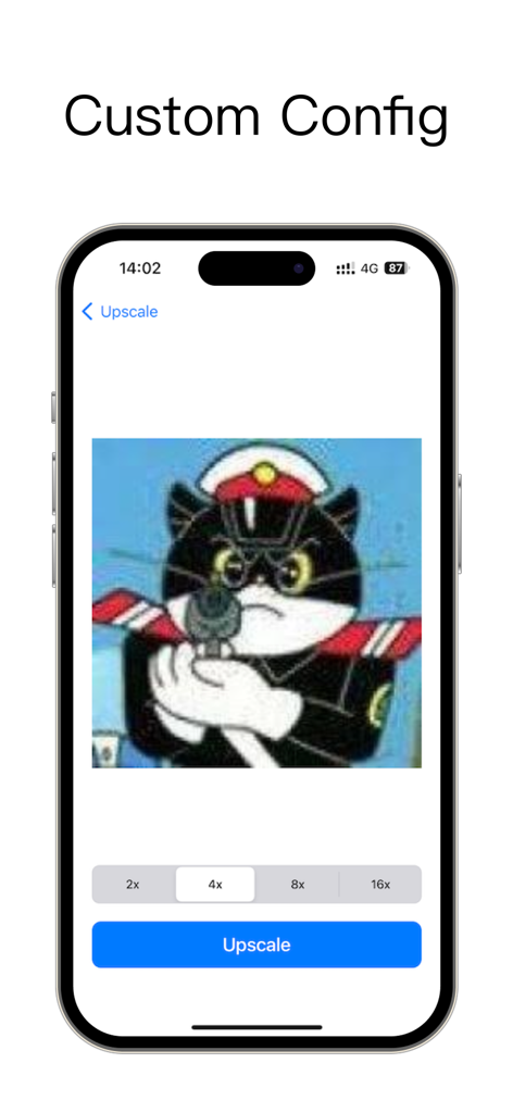 픽셀화된 만화 캐릭터에 대한 사용자 지정 해상도 설정을 보여주는 Image Upscaler 앱 인터페이스