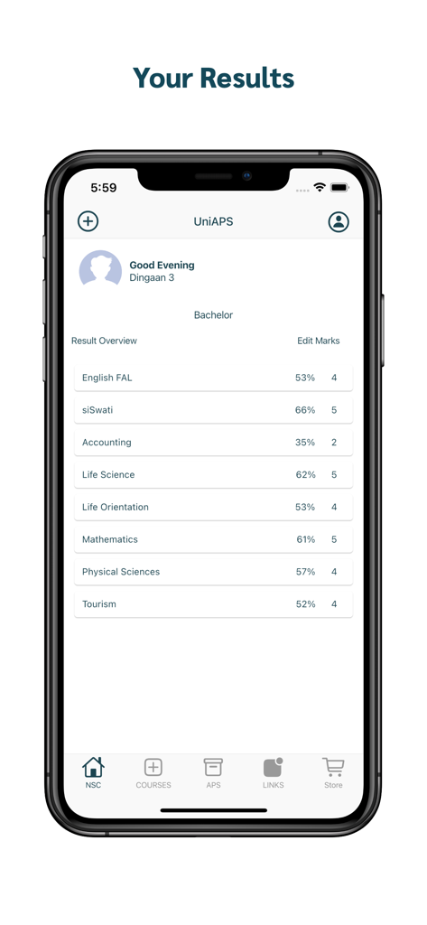 UniAPS - UniAPS app interface showing a students matric results and subject percentages