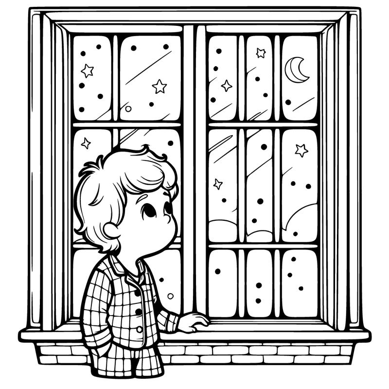 a boy looking out the window in pajamas