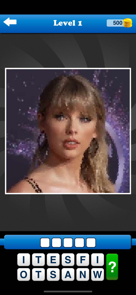 Guess the Celebrity Quiz Game - Guess the Celebrity Quiz Game level 1 screen showing a photo of a famous singer and a word puzzle