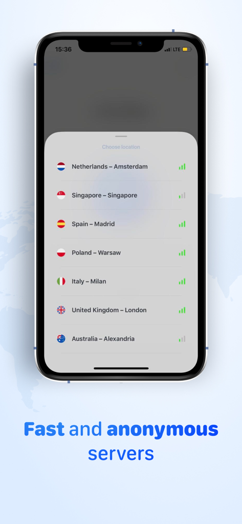Among VPN - Hotspot Shield - Among VPN interface showing a list of server locations including Amsterdam Singapore and London
