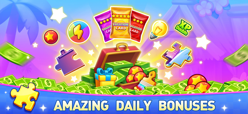Bingo Vacation - Bingo Games - A treasure chest filled with virtual cash, vacation cards, and puzzle pieces representing daily rewards