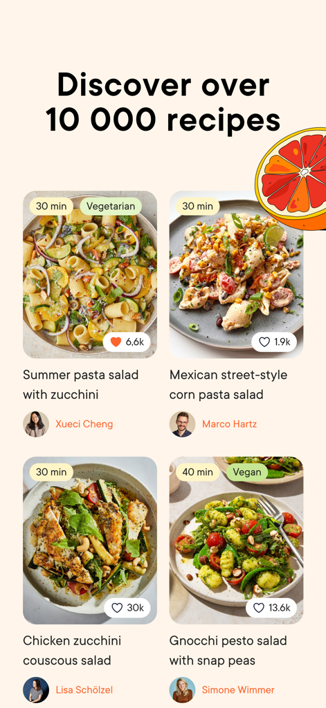Uno screenshot dell'app Kitchen Stories che mostra una collezione di oltre 10.000 ricette con varie opzioni di insalate salutari