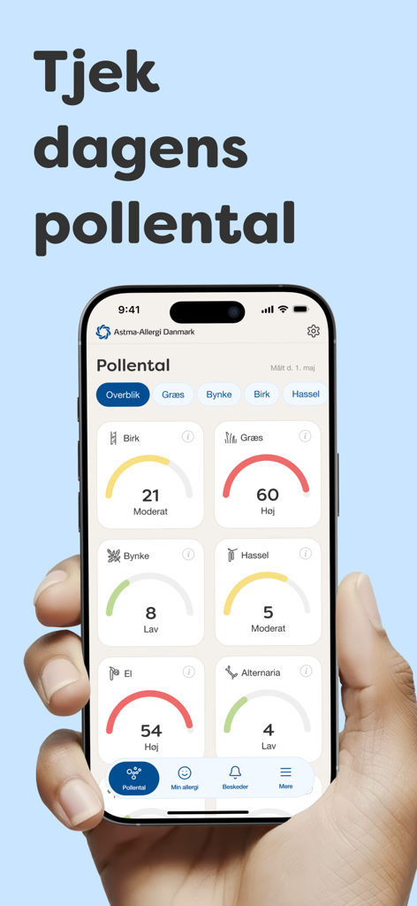 Dagens Pollental - Mobile app dashboard displaying daily pollen levels for birch grass and other allergens