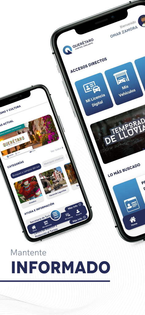 Pantallas de la aplicación móvil APP QRO que muestran el acceso a la licencia de conducir digital y la información turística de Querétaro