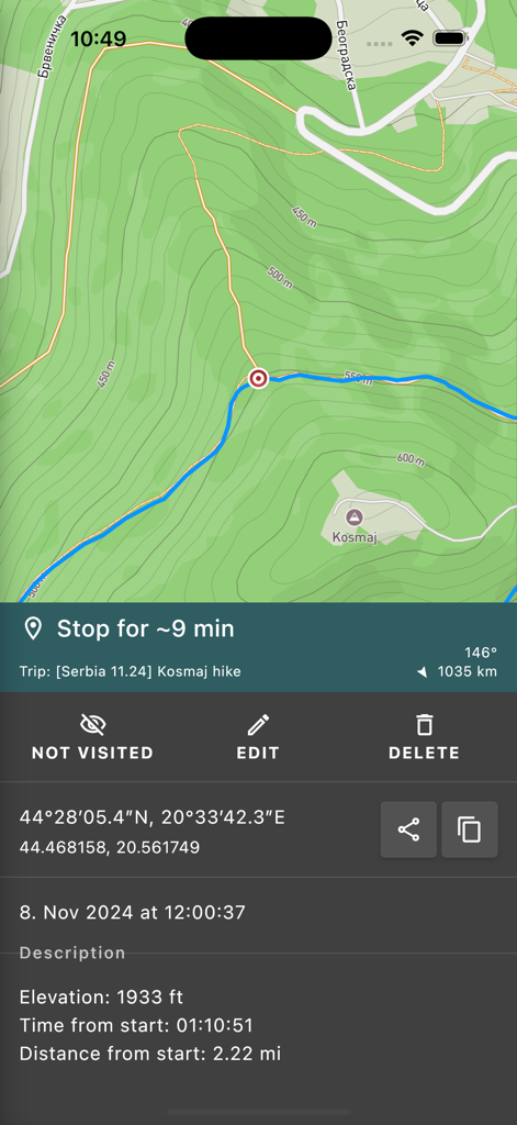 Geo Tracker - GPS Tracker - GPS-Tracker-App zeigt Wanderstatistiken und Koordinaten auf einer topografischen Karte