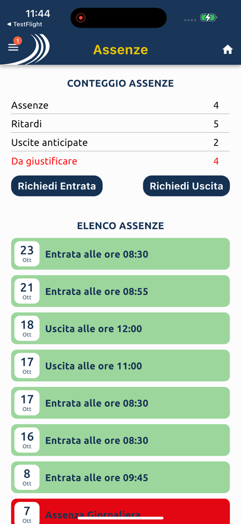 MasterCom Famiglie 2.0 - Ein Bildschirm der MasterCom Famiglie App, der eine Zusammenfassung der Schülernachweise anzeigt, einschließlich der Anzahl der Abwesenheiten, Verspätungen und frühen Abgänge sowie eines historischen Protokolls der Einträge.