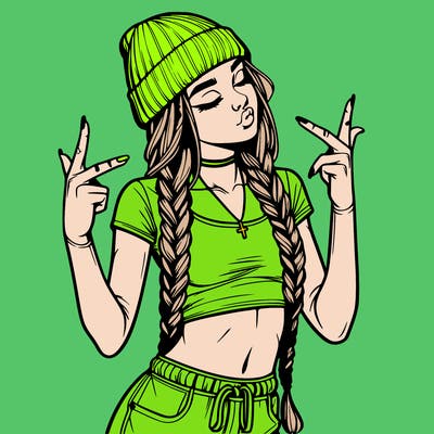 realistic teenage girl with braids and a beanie and crop top doing 🫶🏼