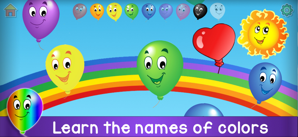Kids Balloon Pop Language Game - Globos coloridos con caras sonrientes sobre un arcoíris en un juego educativo para aprender los nombres de los colores