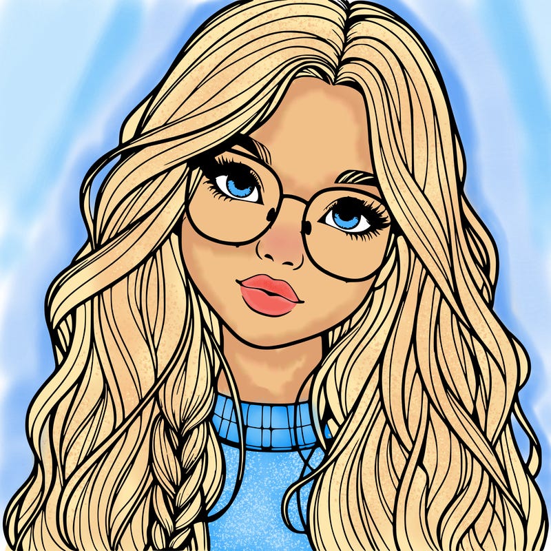 girl with long hair and freckles and glasses realistic