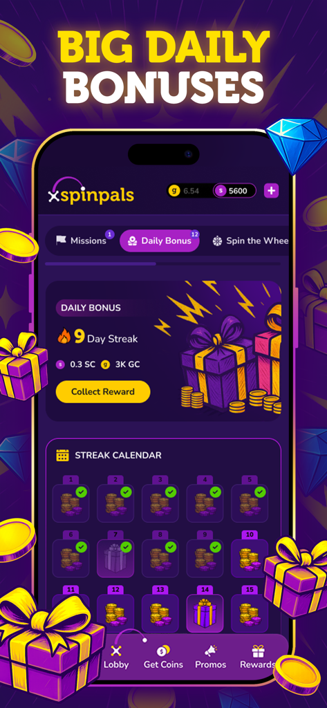 A mobile interface for SpinPals Slots showing a daily bonus screen with a nine day streak and a calendar of rewards.