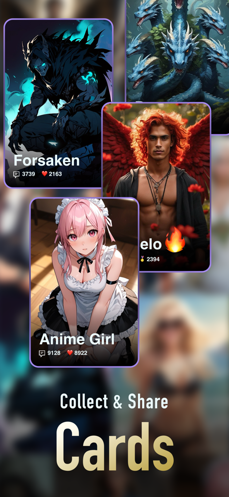 Jupi AI Chat Fantasy Roleplay - Una pantalla de diversas tarjetas de personajes de IA en la aplicación Jupi, que incluye una chica de anime y un monstruo de fantasía para rol