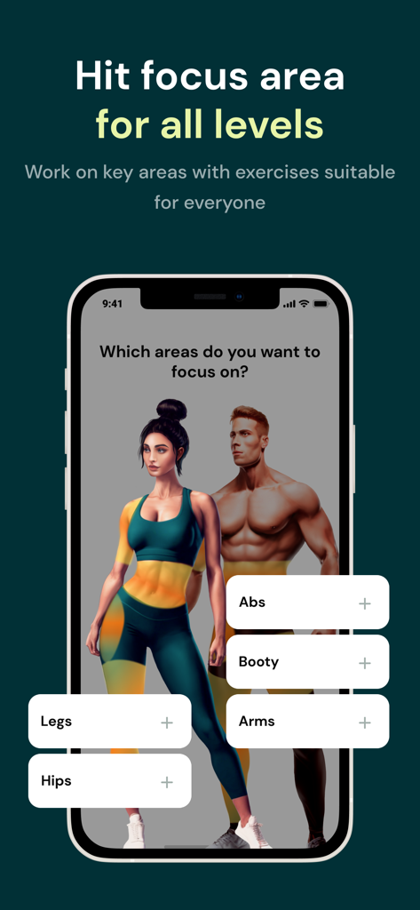 A mobile screen from the My Personal Challenge app showing various body focus areas like abs, booty, and legs for customized workouts.