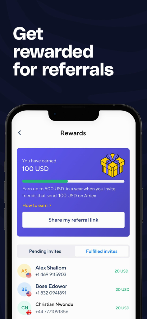 Afriex - Money transfer - Interfaz de la aplicación Afriex que muestra recompensas por referidos y una lista de invitaciones de amigos completadas