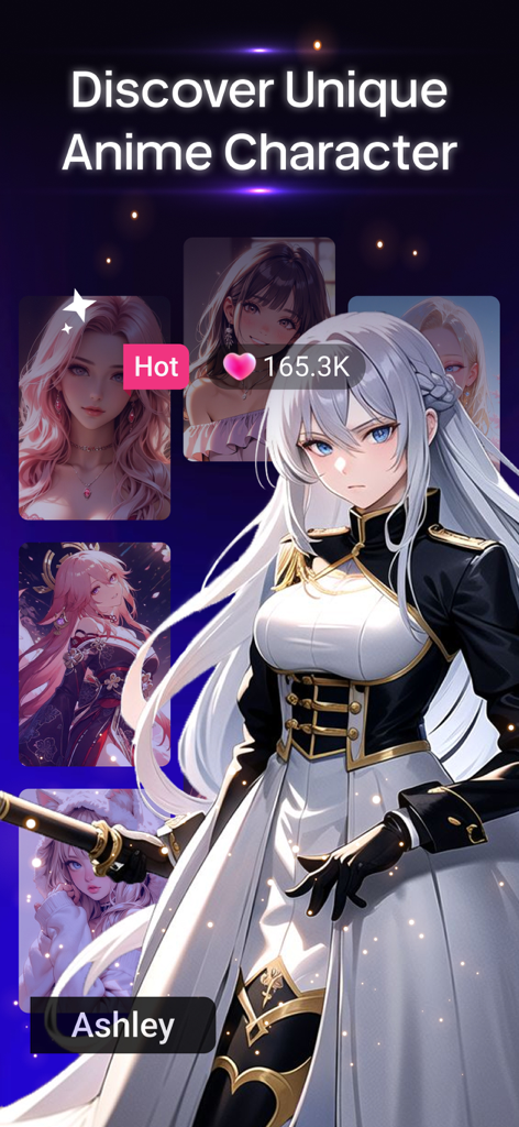 Weifu AI: Character Companion - Mobile app screen showing a variety of unique anime characters available for AI interaction