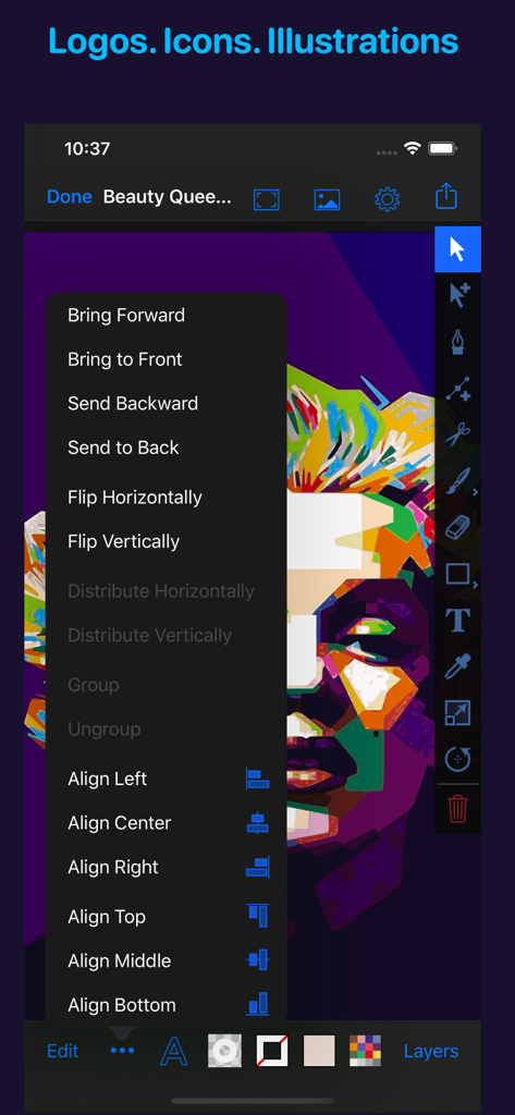 Artmator - Artmator App-Oberfläche, die ein farbenfrohes Vektorporträt und ein Menü für Objekt-Ausrichtung und Anordnung zeigt