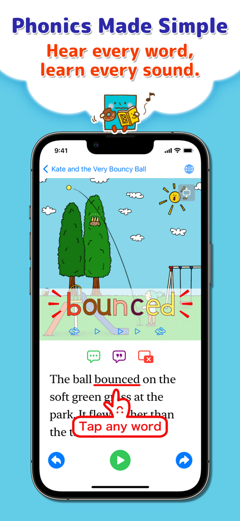 Phonics Readers for kids - Interactive reading interface showing phonics breakdown and word pronunciation for children