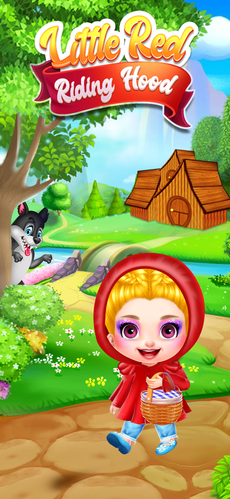 Little Red Ridding Hood Game - Little Red Riding Hood holding a basket in front of a fairytale forest landscape with a wolf peeking from a tree.