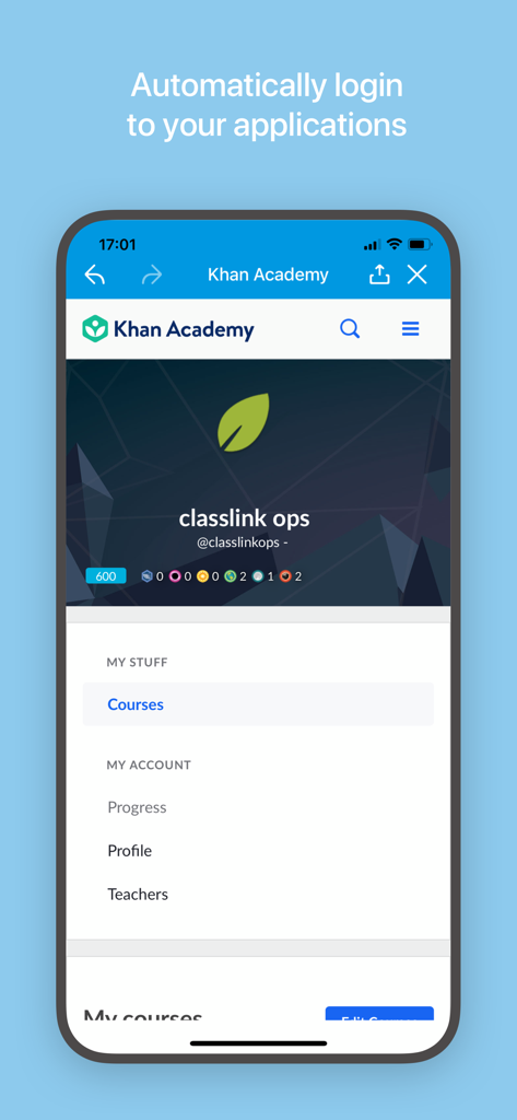 ClassLink LaunchPad mobile app showing automatic login access to Khan Academy