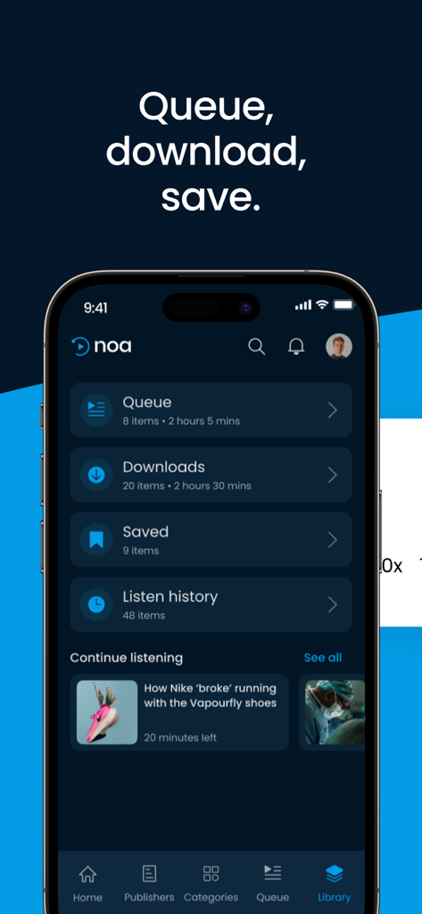 Noa: Listen to audio articles - 保存およびダウンロードされたニュース記事を表示しているNoaアプリのライブラリビュー