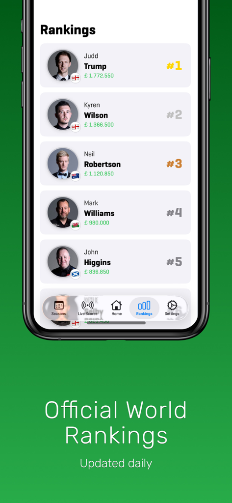 World Snooker Online - Mobile app screen displaying the official world snooker rankings including top players like Judd Trump and Kyren Wilson