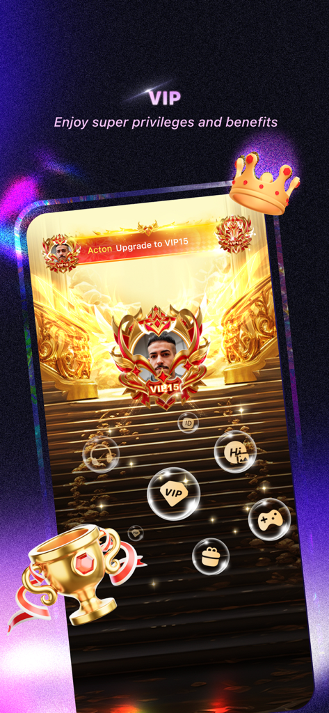 Xena - Group Voice Party - VIP profile interface in Xena app showing gold theme and status rewards