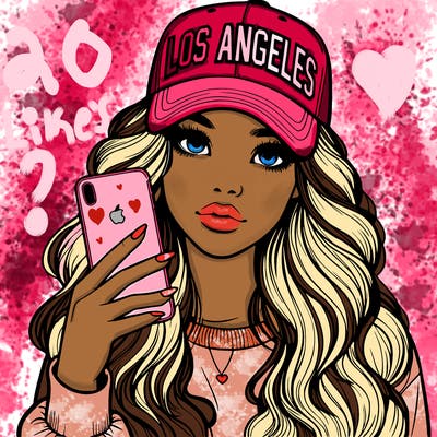 realistic beautiful girl wearing los ángeles cap holding an iphone