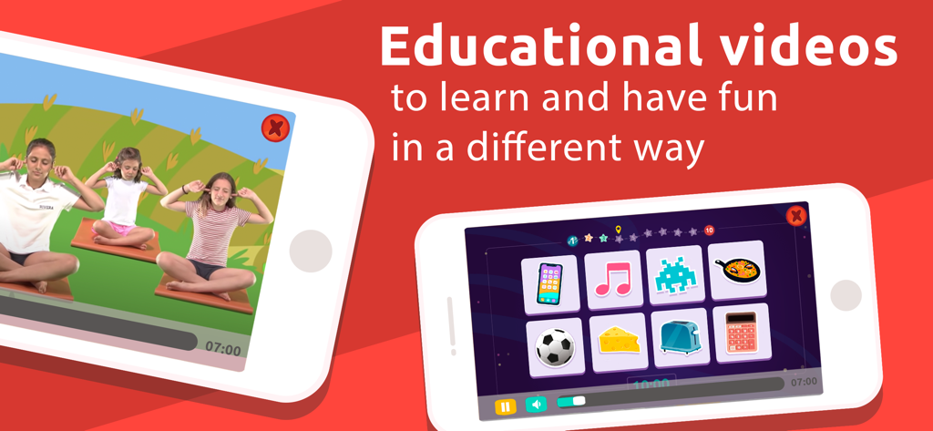 Smile and Learn - Two smartphone screens showing children practicing yoga and an interactive matching game within the Smile and Learn app