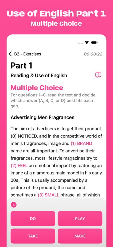 Esercizio a scelta multipla di Reading and Use of English Part 1 sul simulatore dell'esame Cambridge B2