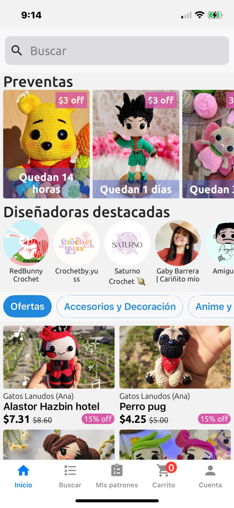 Patronix - Schermata principale dell'app Patronix con schemi all'uncinetto e designer artigiani.