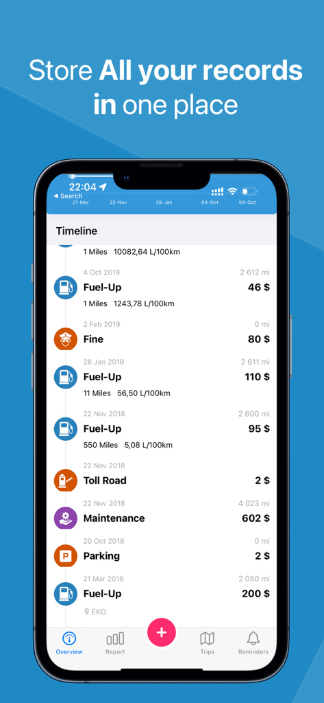 CarScope app screenshot showing a timeline of vehicle expenses including fuel, maintenance, and parking