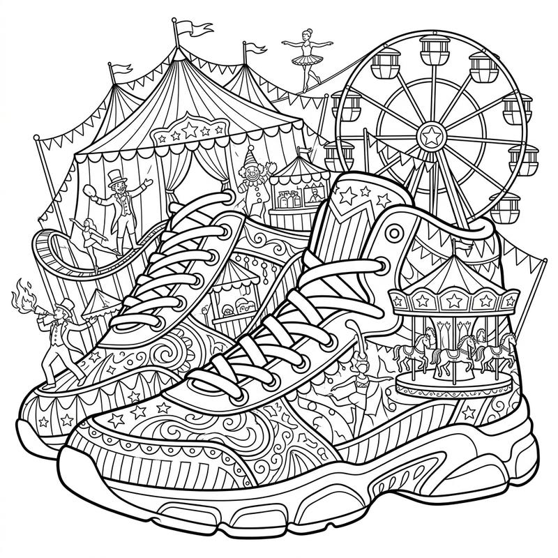 Get ready to lace up your creativity with this incredible running shoes carnival coloring page. It features athletic footwear intricately decorated with circus tents, a Ferris wheel, and lively performers from the big top!