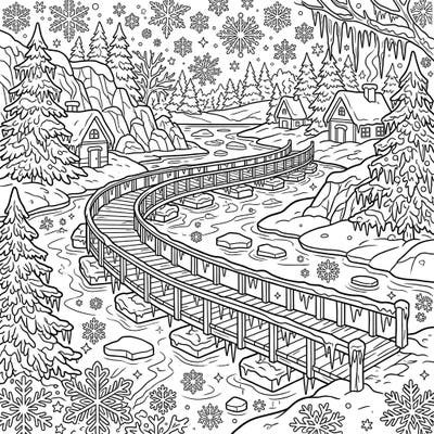 Step into a frosty paradise with this detailed winter pontoon bridge coloring page, perfect for anyone who loves snowy scenes and intricate designs. Capture the serene beauty of a frozen landscape, complete with icy bridges and falling snowflakes, in your next coloring masterpiece.