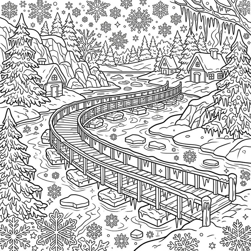 Step into a frosty paradise with this detailed winter pontoon bridge coloring page, perfect for anyone who loves snowy scenes and intricate designs. Capture the serene beauty of a frozen landscape, complete with icy bridges and falling snowflakes, in your next coloring masterpiece.