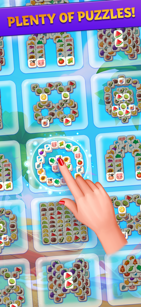 A variety of colorful mahjong tile puzzle layouts with a hand selecting a tile