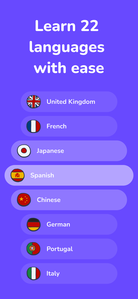 Mobile screen showing a variety of languages to learn in the Elingo app including Spanish and Japanese