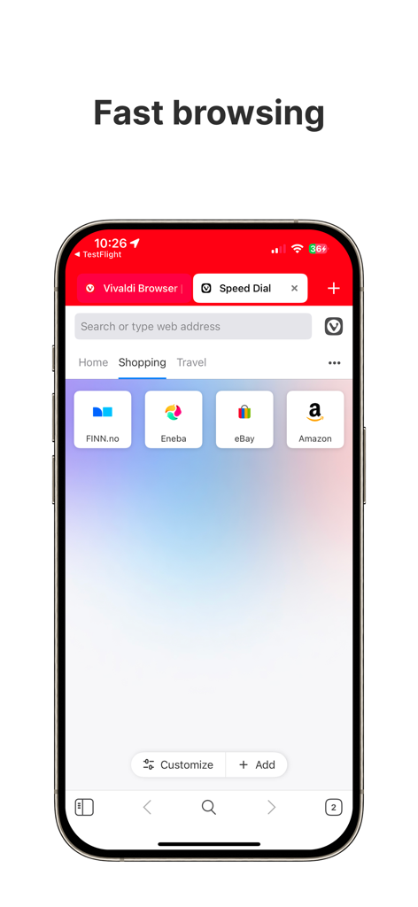 Vivaldi Powerful Web Browser - Vivaldi browser for iPhone displaying desktop-style tabs and speed dial bookmarks
