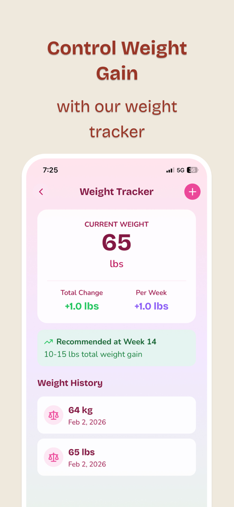 Pregnancy Tracker: Wombly - A screenshot of the Wombly pregnancy app showing the weight tracker interface with current weight metrics and history.