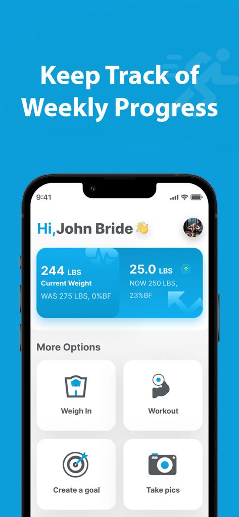 Fitpro Connect - Pantalla de la aplicación móvil Fitpro Connect para seguir el progreso semanal y las estadísticas corporales
