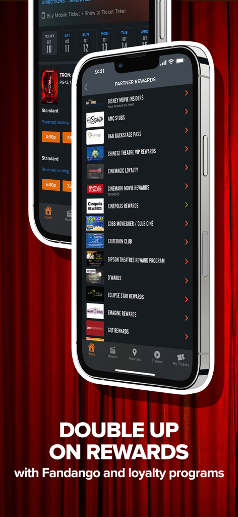 Fandango - Get Movie Tickets - Schermata dell'app Fandango che mostra un elenco di programmi fedeltà e premi partner di sale cinematografiche