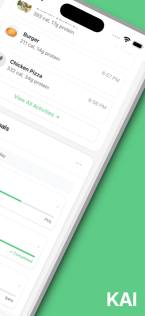 Interface of Livio Health app showing a meal log with calories and protein alongside daily progress goal bars.