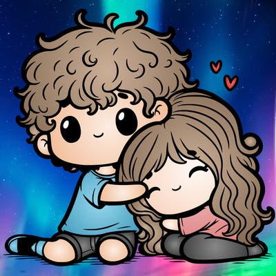 fluffy hair boy hugging a curly hair girl