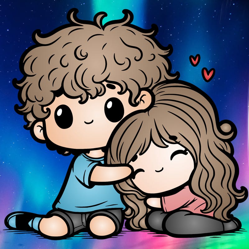 fluffy hair boy hugging a curly hair girl