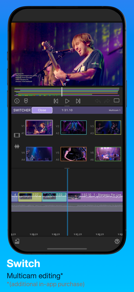 LumaFusion - LumaFusion app multicam editing interface showing six synchronized video angles for a live music performance on a smartphone screen.